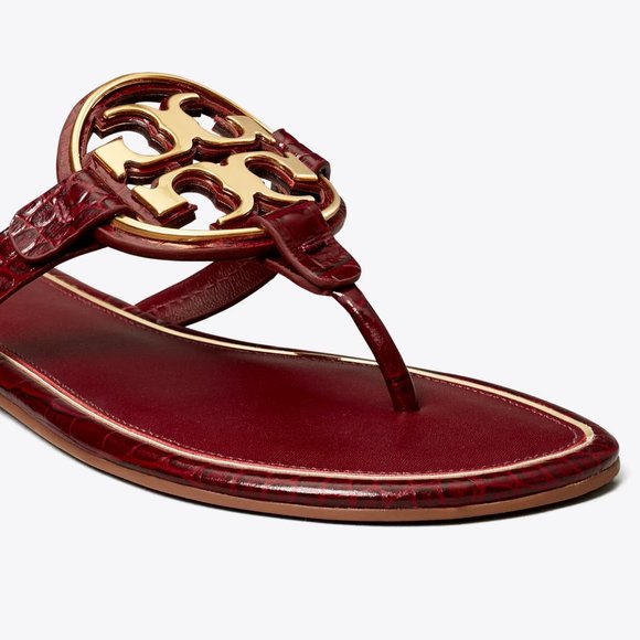 Tory Burch Metal Miller Croc Embossed Logo Sandals Burgundy Roma Red MANY SIZES! - Picture 4 of 13